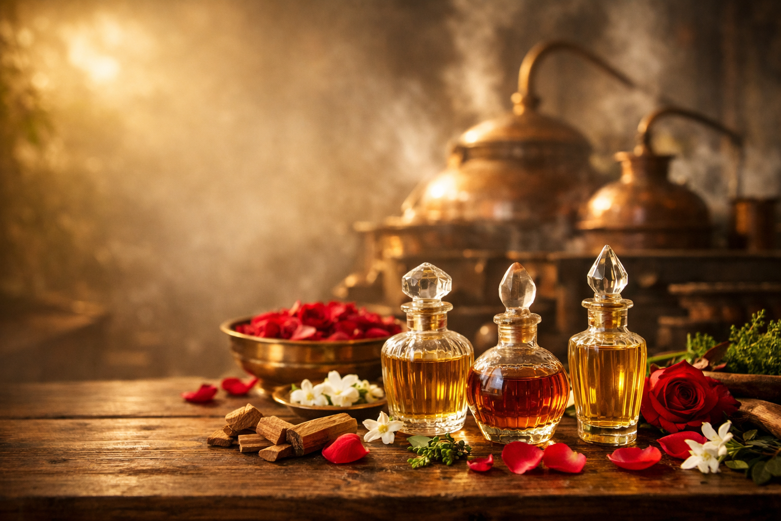 Indian attar perfume distillation rose flowers